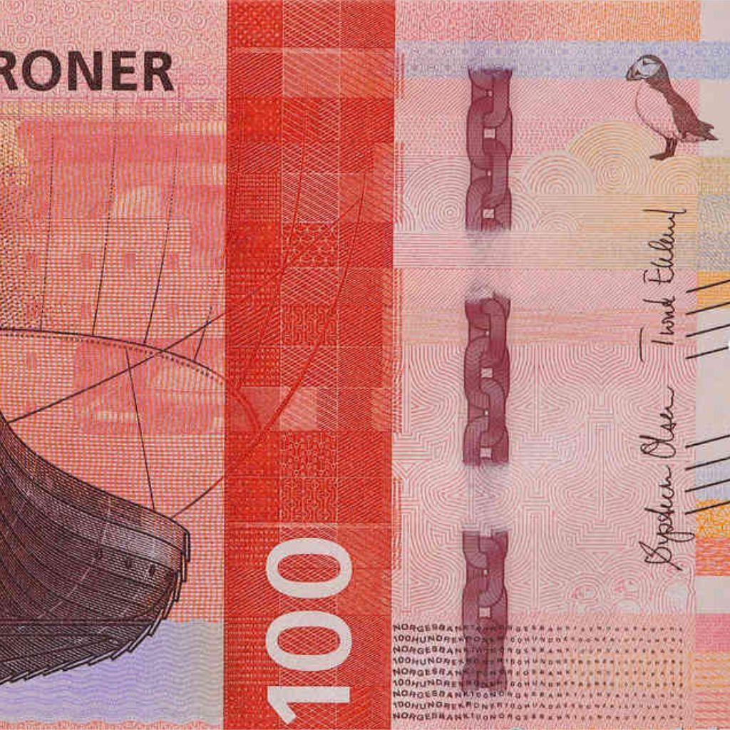 Norwegian 100 krone banknote with puffin