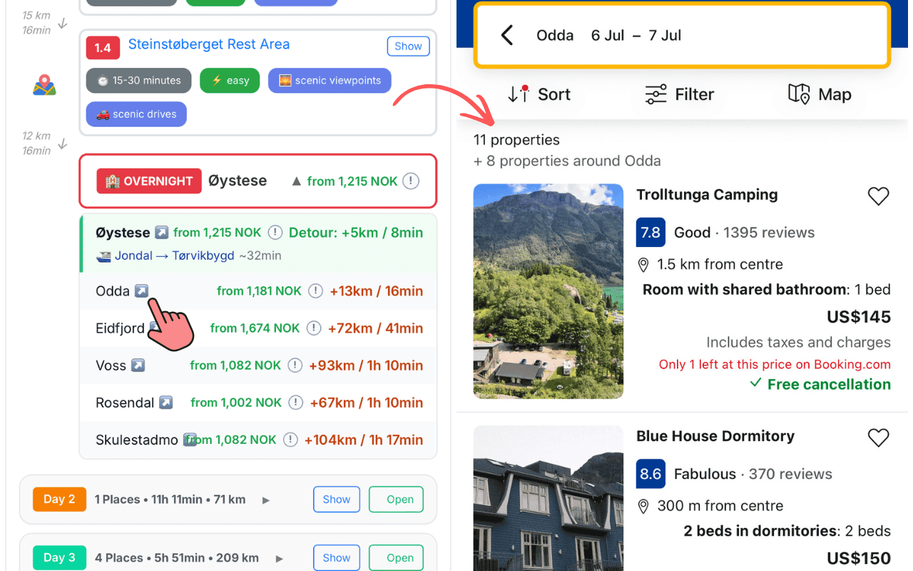 Overnight accommodation alternatives showing prices and detour distances, with Booking.com results