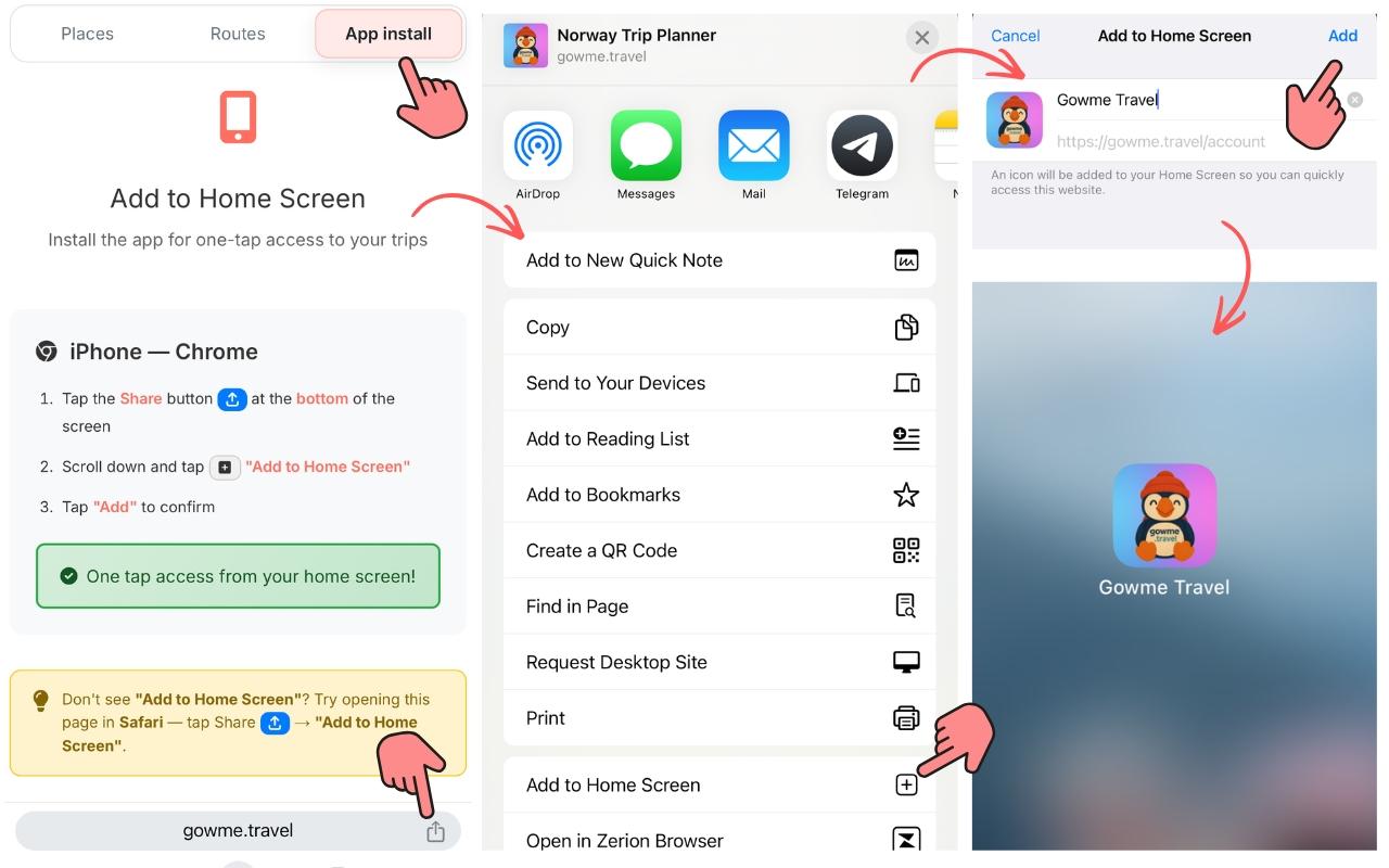 App install prompt on iPhone showing Add to Home Screen option with Gowme Travel icon