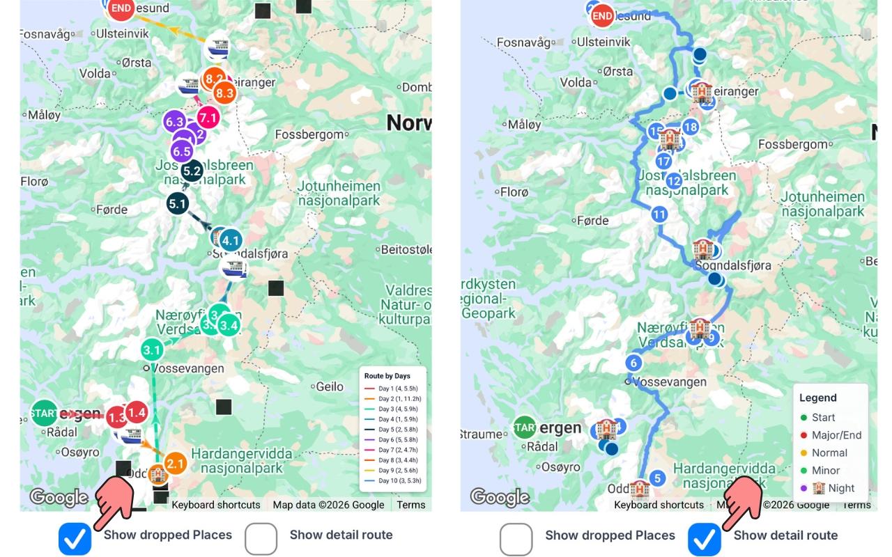 Two map views: Show dropped places enabled with colored day pins and dropped-location markers, and Show detail route enabled with the continuous road line and overnight stop icons along the driven path