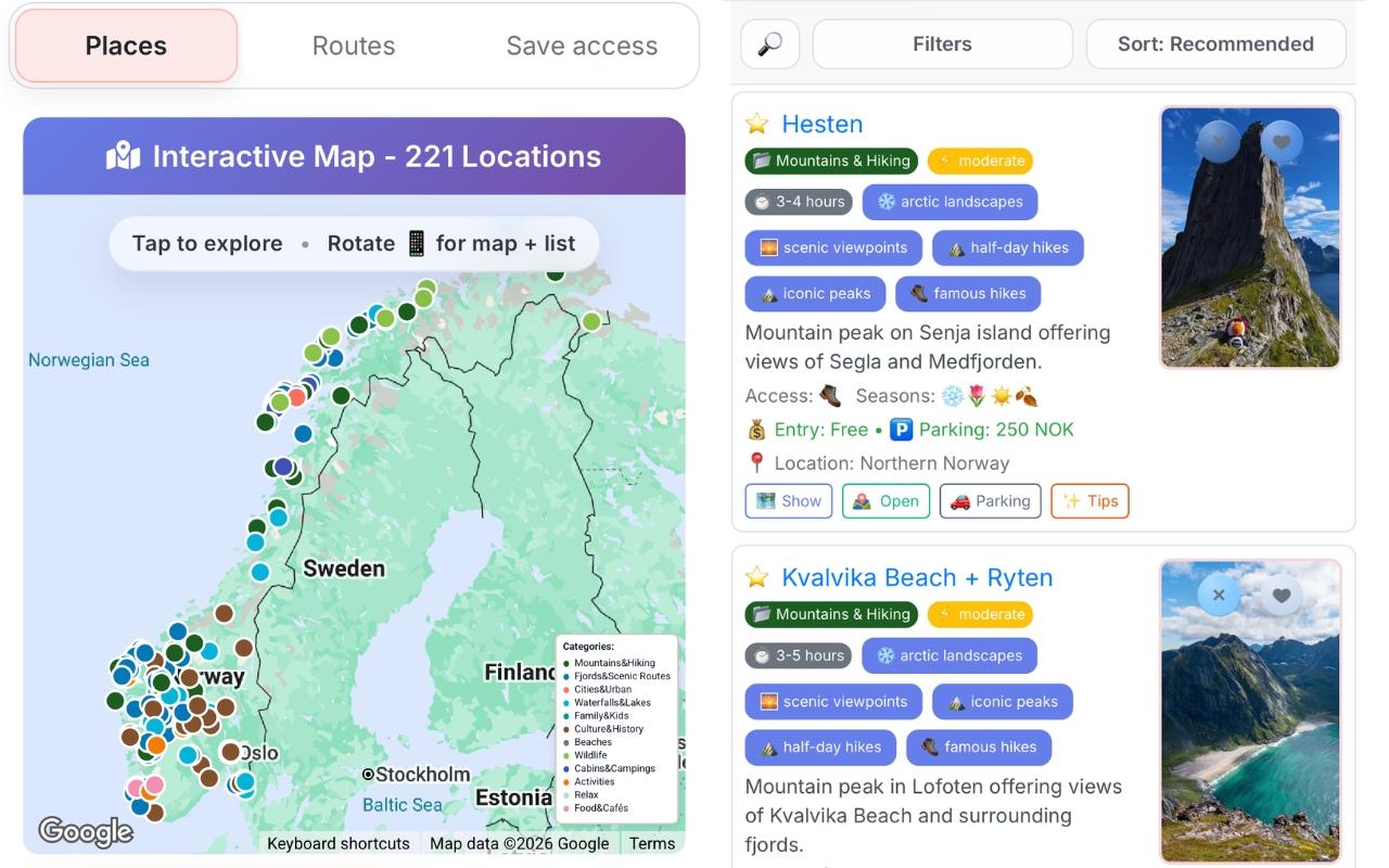 Norway trip planner interest picker showing fjords, hikes, wildlife, and other category tags