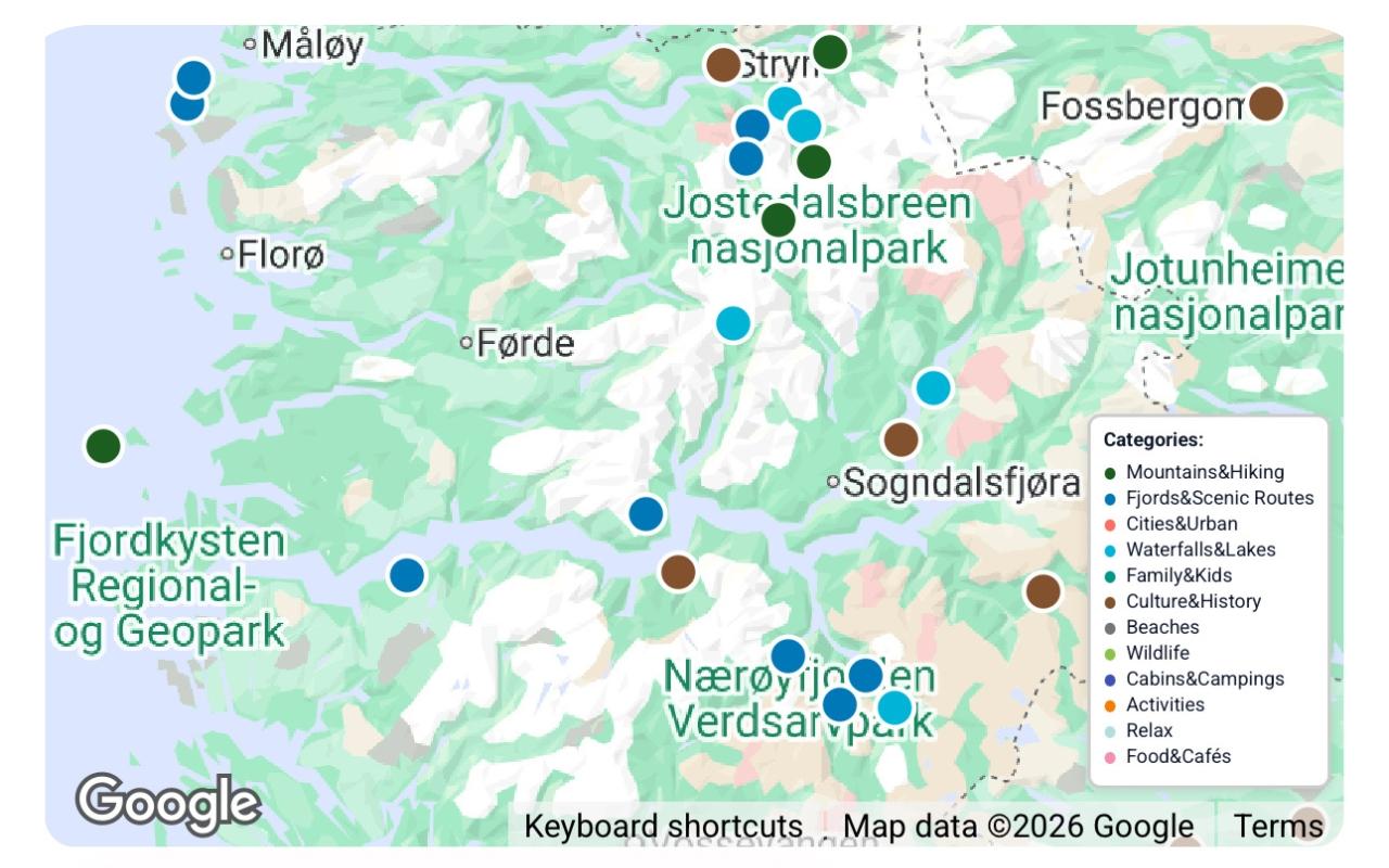 Norway map showing matched places as pins clustered across different regions with filter settings applied
