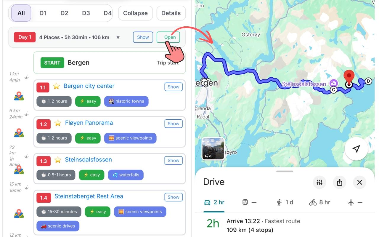 Day 1 route opened in Google Maps showing blue navigation line with 4 stops, 2 hours and 109 km total drive