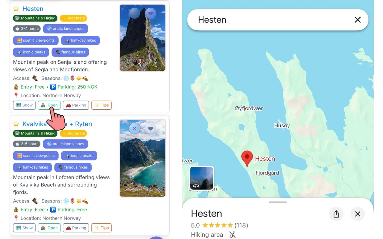 Place card with Open in Google Maps button showing location pin and parking pin opening in Google Maps