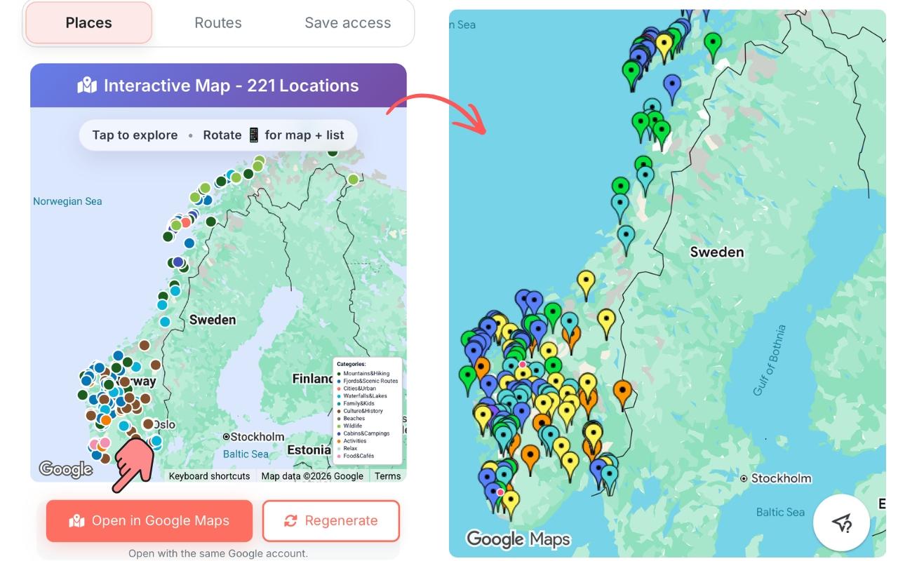 Interactive map showing 200+ Norway locations as color-coded pins with Open in Google Maps button