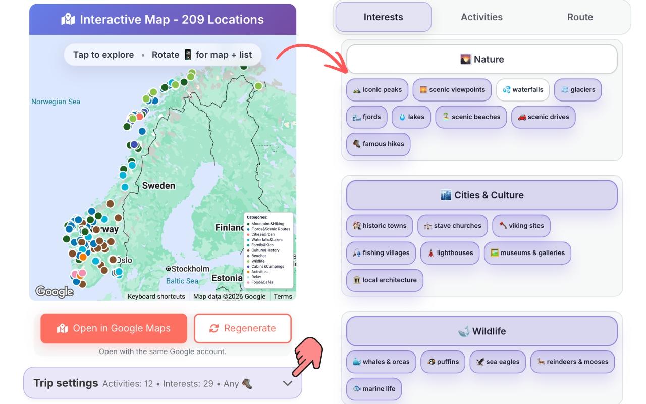 Interactive Norway map with 209 locations showing matched places as pins, with Trip Settings bar displaying Activities and Interests counts