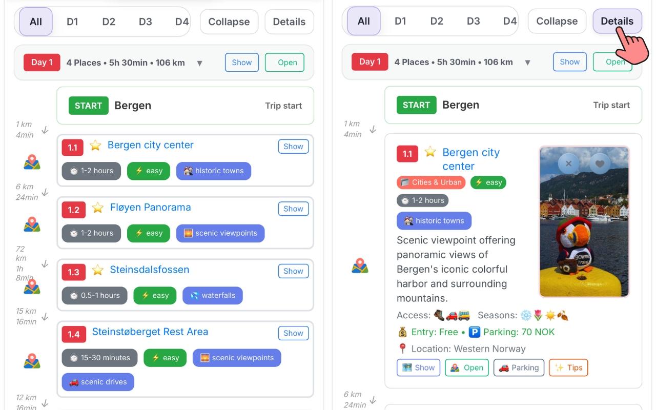 Expanded day showing location cards with tags, difficulty and time — and detail panel with entry fee, parking 70 NOK and Show/Open/Parking/Tips buttons