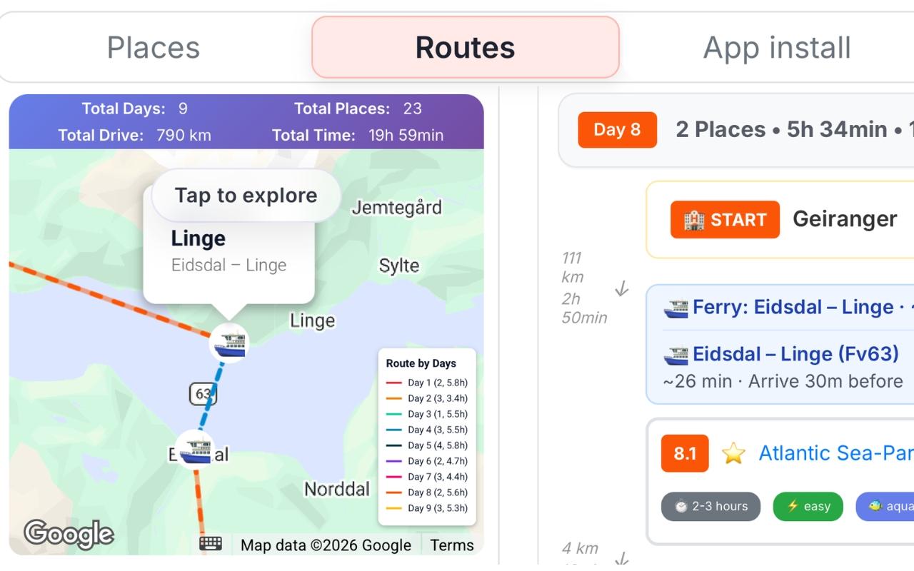 Estimated trip cost showing ferry crossings on the route with per-crossing car prices from Norwegian ferry tariffs