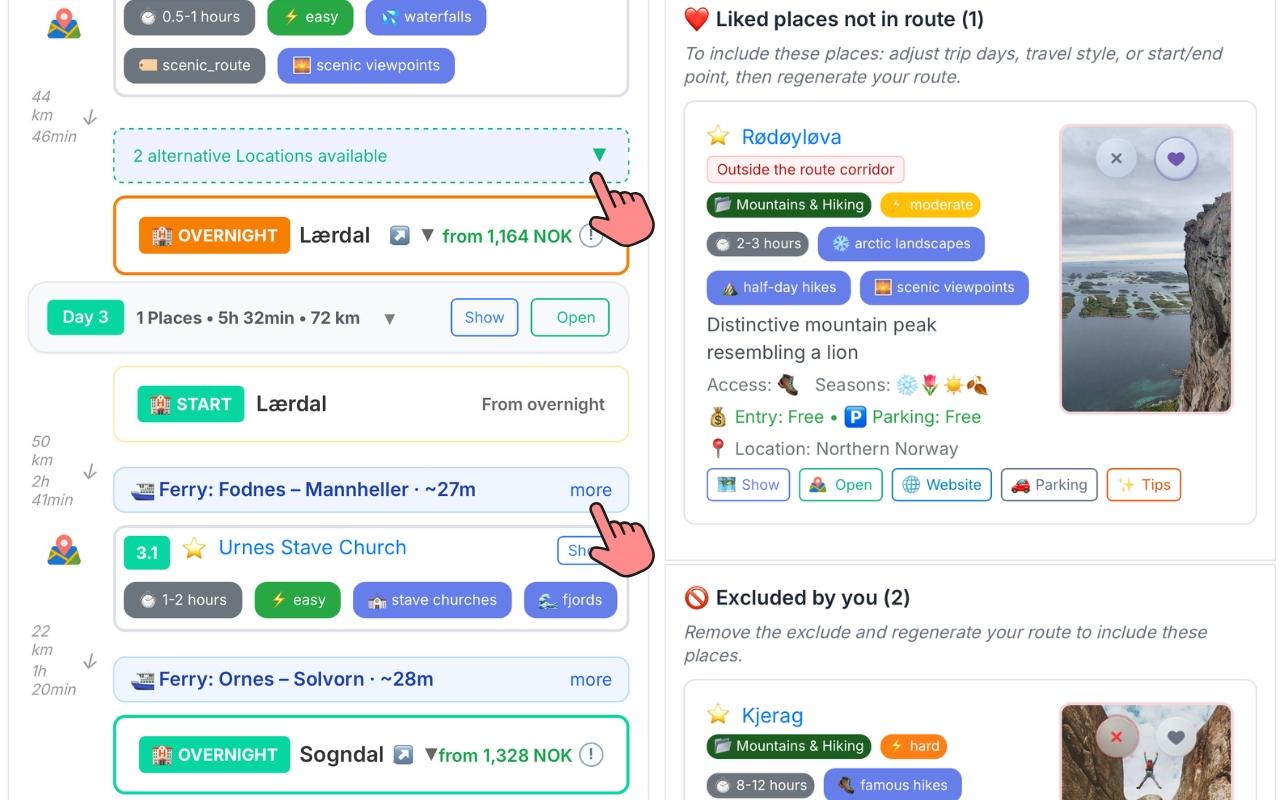 Alternative locations, ferry crossings, and liked/excluded places panel