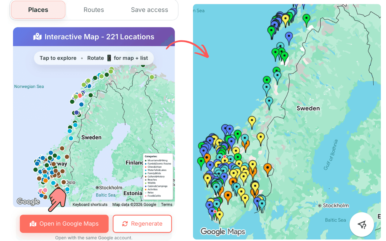 Personalized places view showing matched locations on a Norway map with place cards