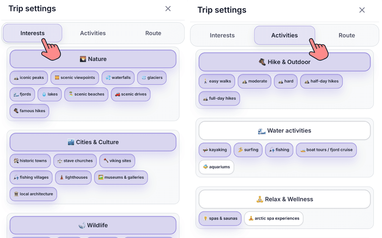 Trip settings showing interest selection with live count of matched places