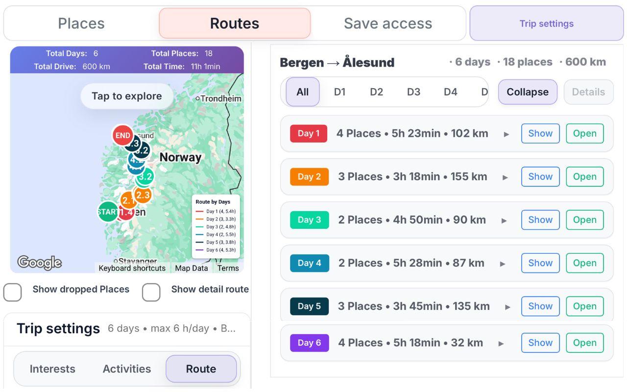 Gowme mobile planner showing Norway trip map and route list on phone