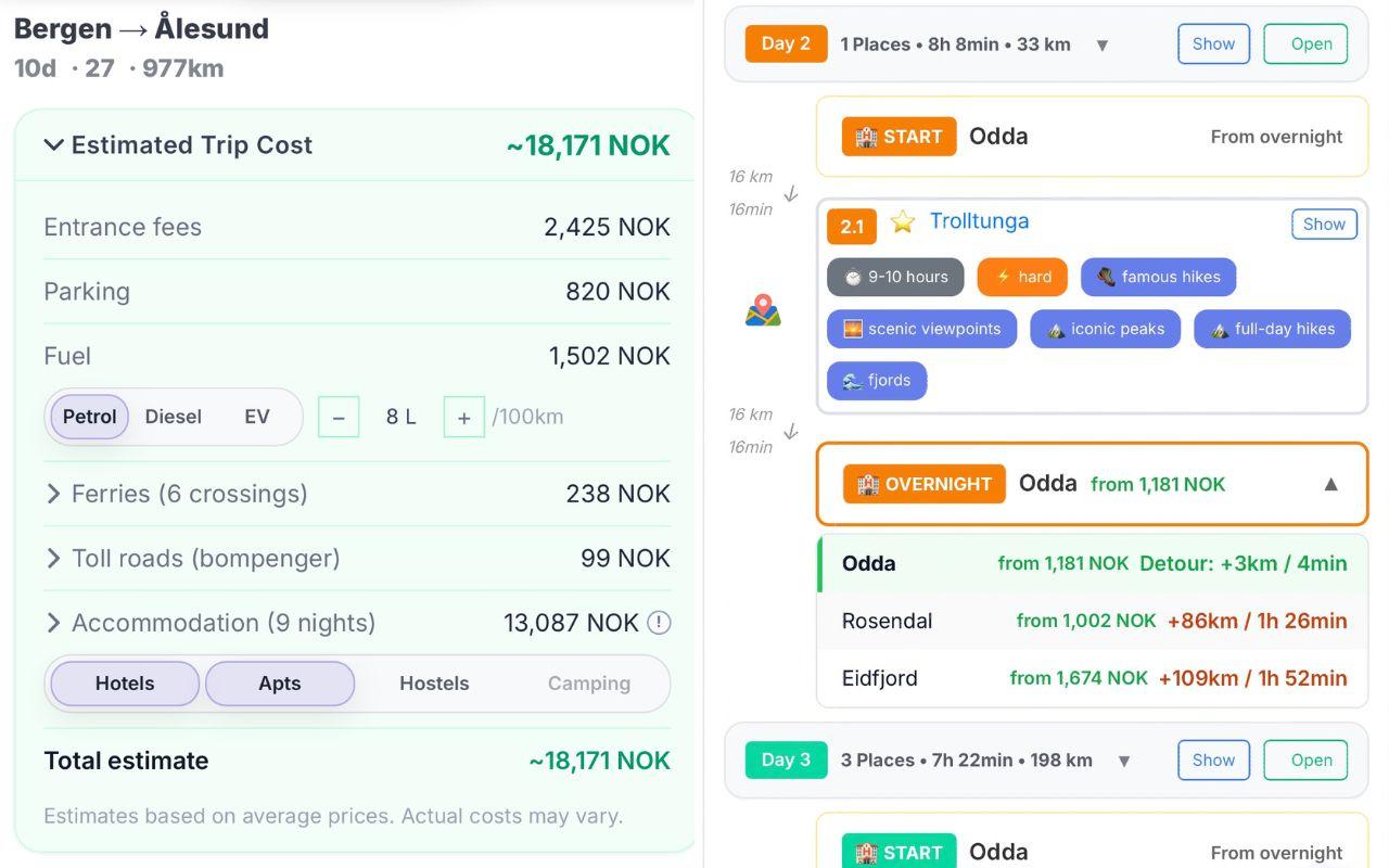 Trip cost estimate in Gowme showing fuel, ferries, tolls, parking, and accommodation costs