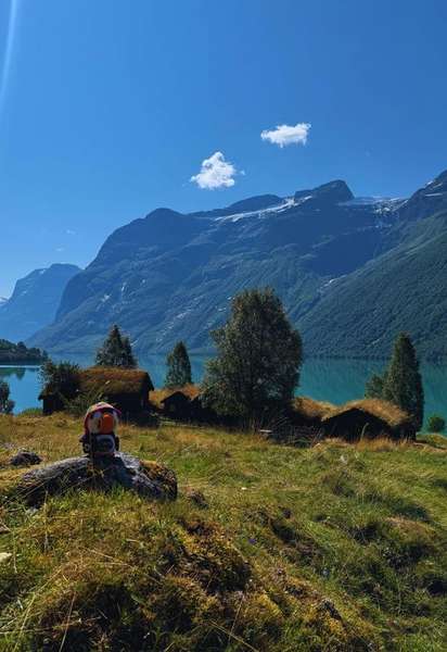 Lovatnet Lake, Western Norway — Glacial lake surrounded by steep mountains and waterfalls
