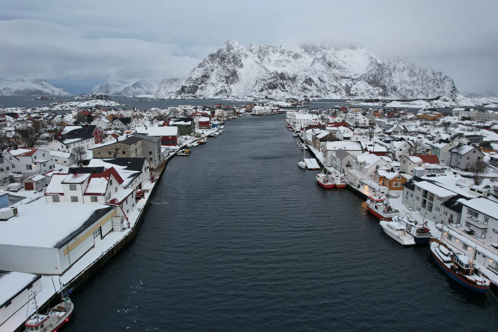 Our winter aerial photo of Henningsvær — the snow-covered fishing village on its islands, Lofoten