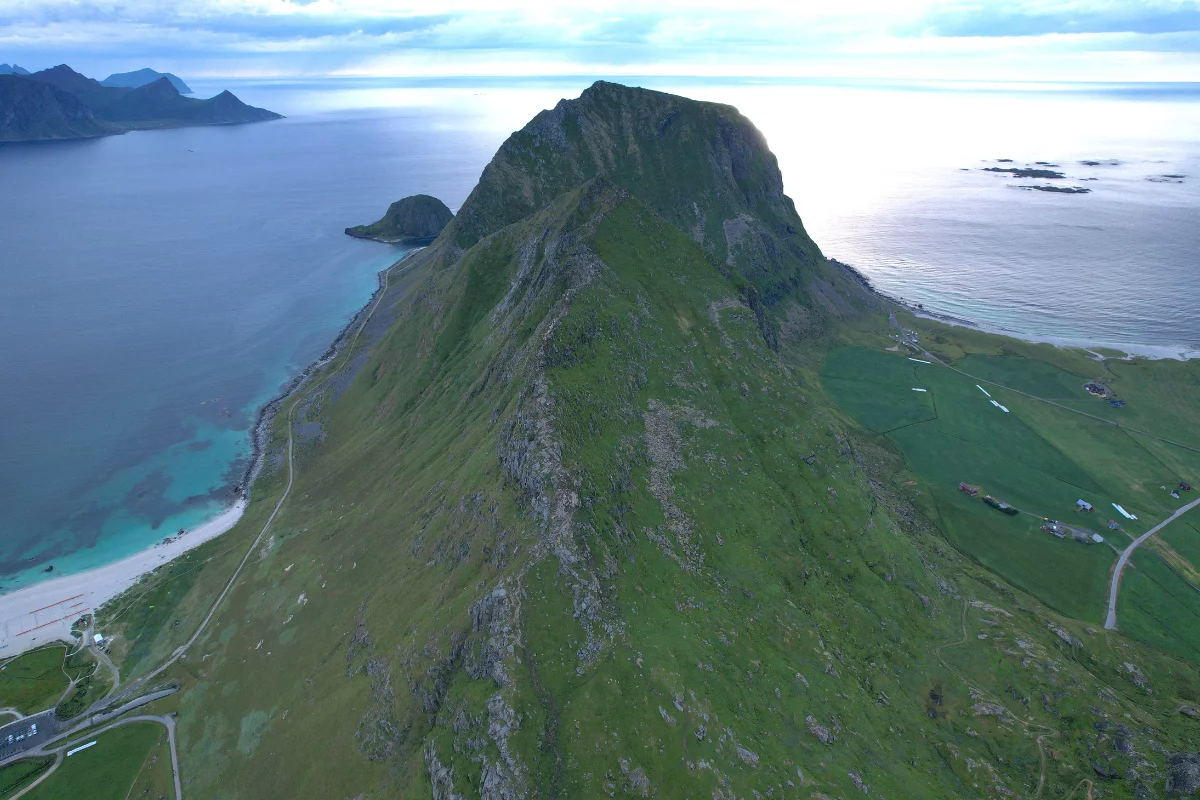 Our aerial photo of Mannen — the ridge rising between Haukland and Uttakleiv beaches, Lofoten