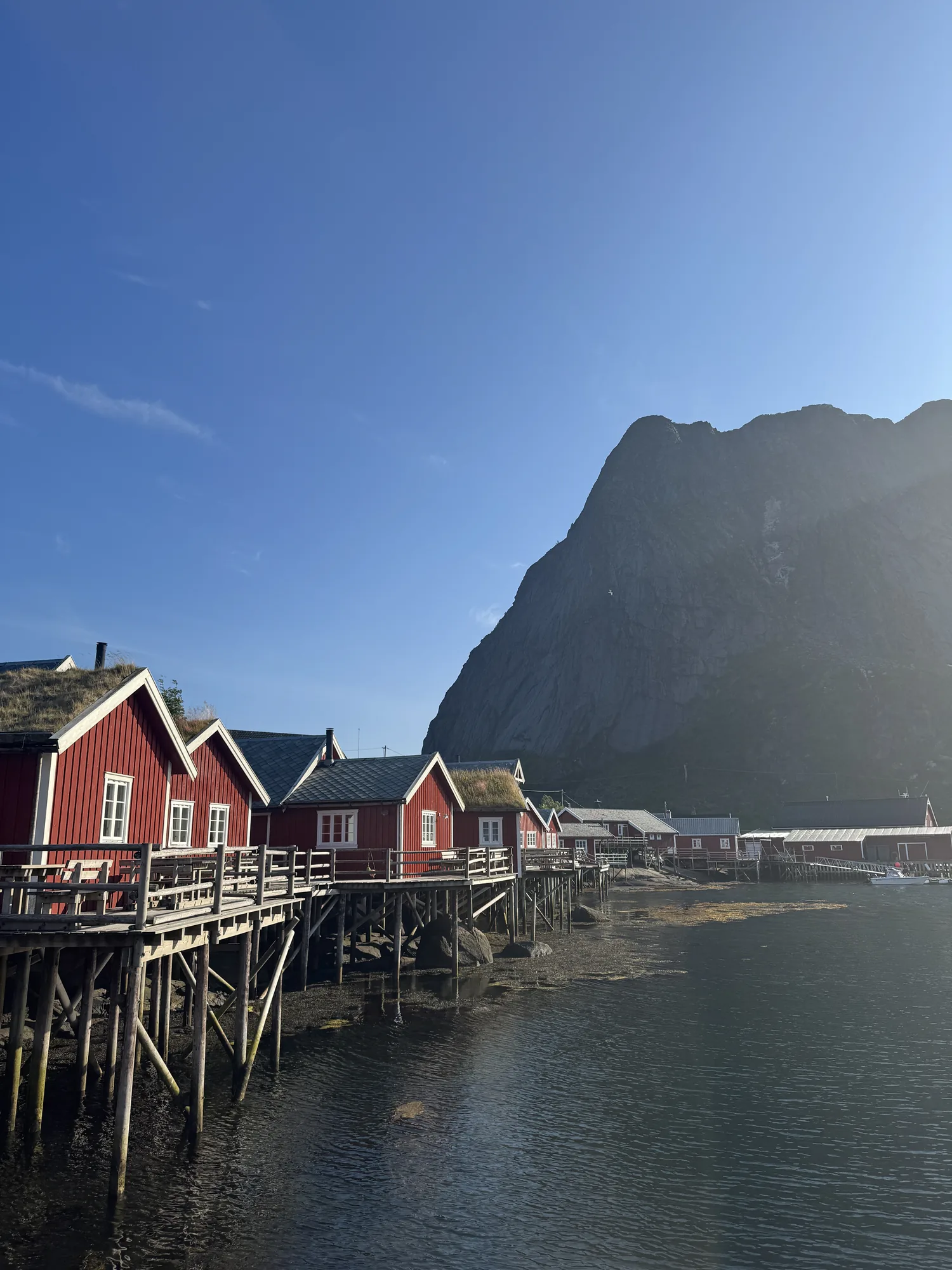 Our photo of the red rorbuer of Reine standing over the water beneath the mountains, Lofoten, Norway